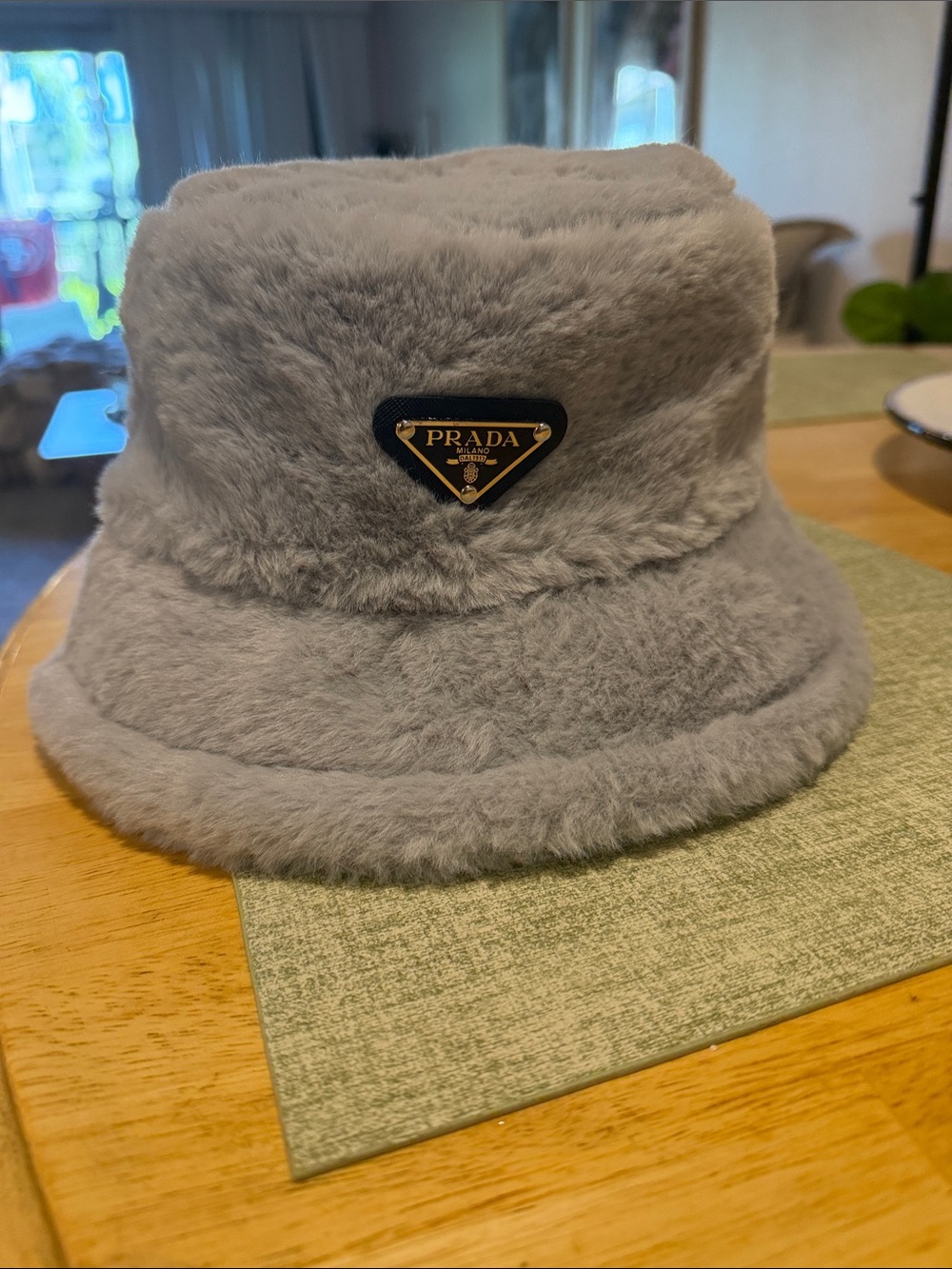 Prada Kids Light Gray Faux-Fur Bucket Hat with Logo Plaque